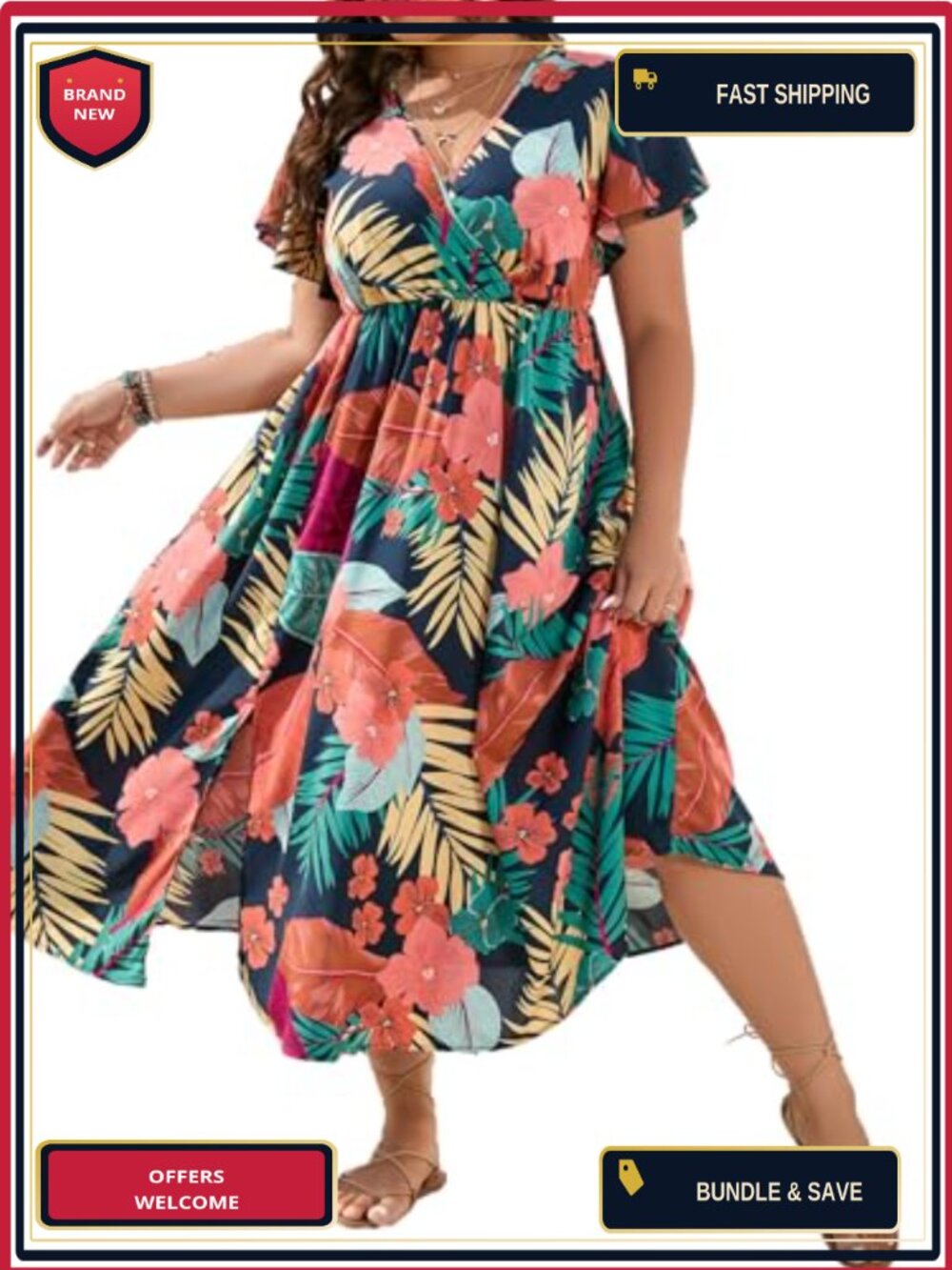 Womens Plus Size Hawaiian Tropical Floral A-Line Maxi Dress V-Neck Short Sleeve